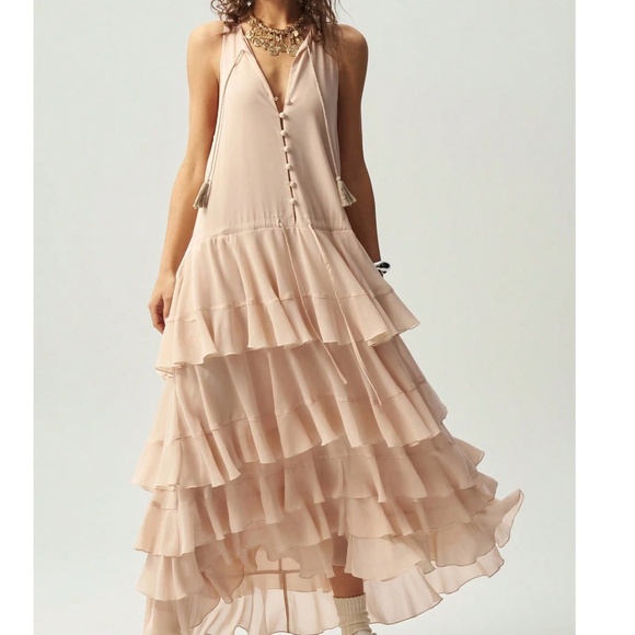 Solid Half Button Neck tie Sleeveless Layered Tiered Ruffle Maxi Dress - Picture 4 of 6